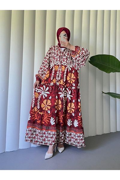 Modamorfo Viskose-Kleid mit elastischen Ärmeln, Stehkragen und halbem Knopf – Orange