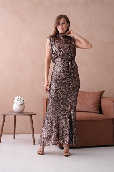 CİXAPLE Stand Collar Slit Belted Sequin Evening Dress