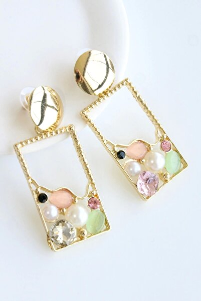 Leo'Stone Yeni Sezon Çerçeve Sallantılı Renkli Zirkon Taşlı Tasarım Kararmaz Renk Atmaz Kadın Çelik Küpe