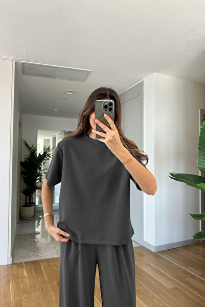 YAKAMEL Kadın Kısa Kollu Modal Penye Yüksek Bel Bol Paça Eşofman Takımı