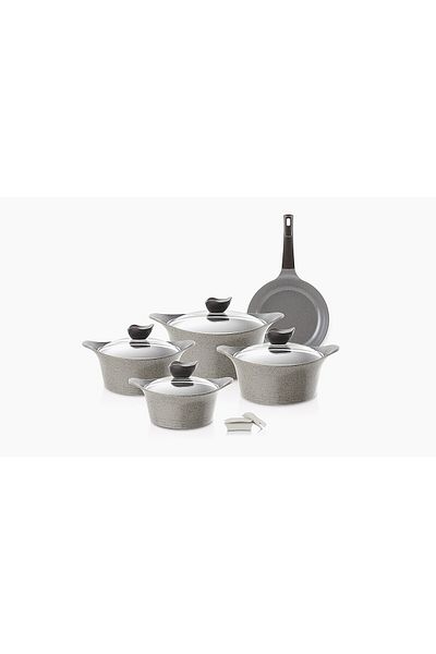 NEOFLAM Eni Granite Cookware Set With Glass Cover, 9 Pieces, Grey: