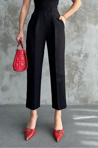 macharel jeans women's narrow leg pleated velcro closure seasonal fabric trousers black
