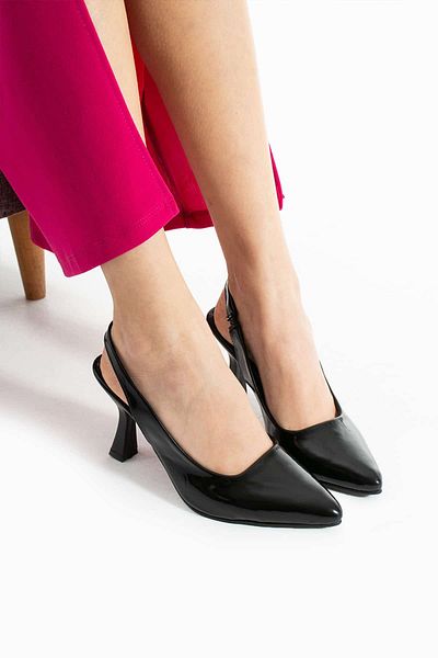 CICIKIZ Open Back Black Patent Leather Heeled 11 Pont Evening Dress Shoes