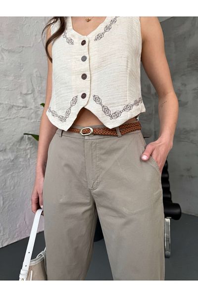 Elif Özbey Butik Pantaloni din Gabardină cu centură aurie kaki