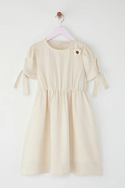 Pollito Girl's Knitted Muslin Dress with Tie-Up Sleeves and Flower Detail