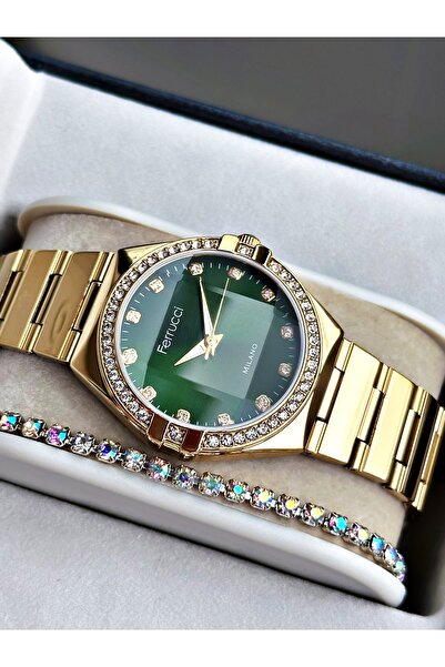 Ferrucci Altın Renk Aynalı Model Taşlı Model Kadın Kol Saati + BİLEKLİK