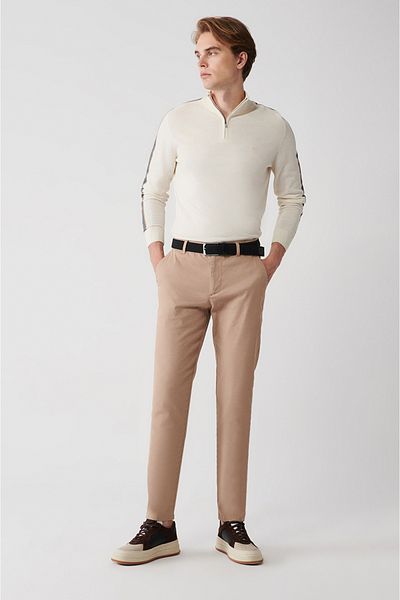 Avva Men's Beige Flexible Chino Canvas Trousers with Side Pockets E 003008