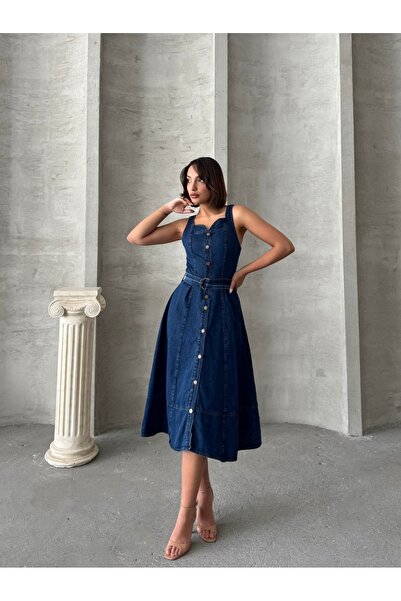 Miss Prova Τζιν φόρεμα με κουμπιά και λεπτομέρεια γιακά καρδιάς MISSEL920