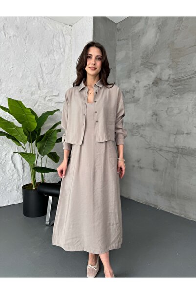 Elif Özbey Butik Vizon İp Askılı Elbise Gömlek Takım