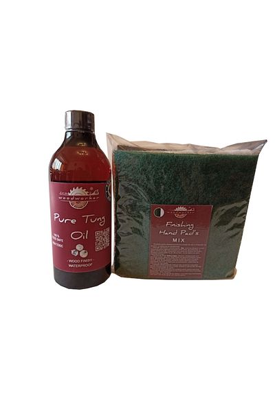 woodworker Kit Intretinere Lemn Masiv, Prep’n'shine-pure Tung Oil & Hand Pad’s Mix Abrasive, 500 ml