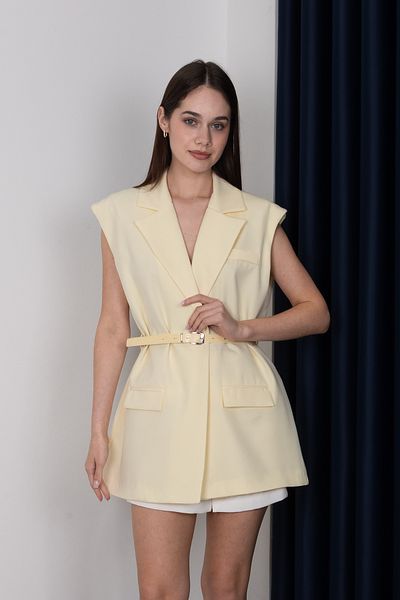 Stil Sepeti Women's Yellow Premium Double Breasted Collar Lined Belted Long Blazer Vest Drl- 100078557