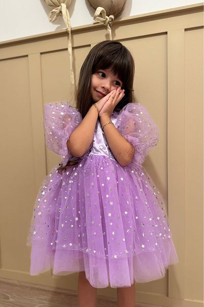 penu baby kids Lilac Shiny Satin Above Starry Skirt Plain Tulle Above Starry Tulle Balloon Short Sleeve Girl's Dress