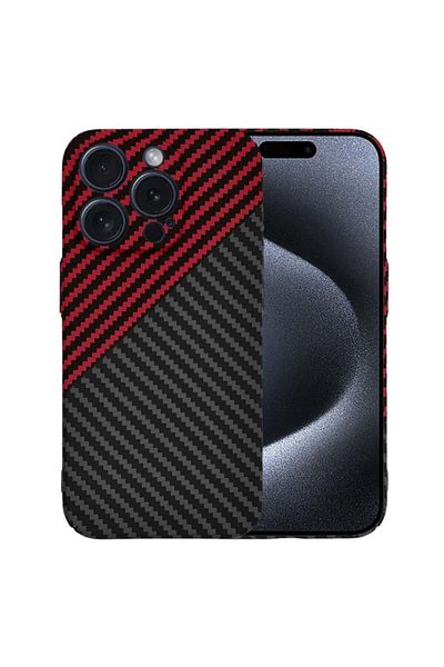 SKYDDAR INNOVATION Case for IPhone 15 Pro, carbon texture, Carbonite FiberShell, Dark Red, sticker set