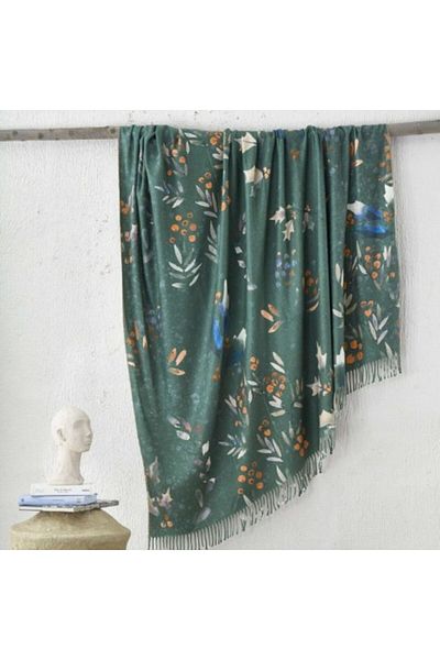 Club Cotton Luxury Blanket with Tassels 220 x 240cm, Boho Renna Green with Leaves