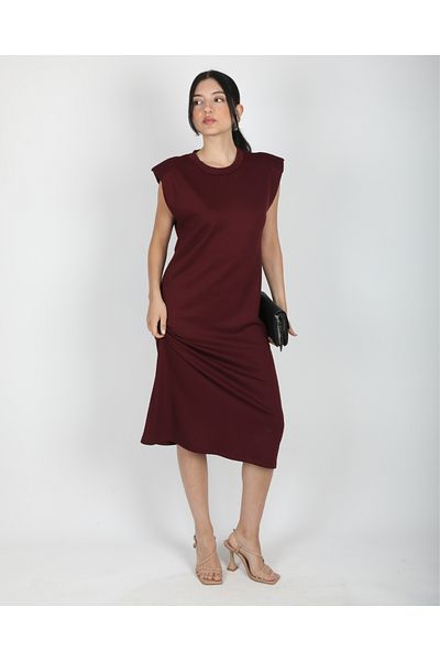 DEQ FASHION Burgundy Modal Sleeveless Padded Midi Length Casual Casual Dress