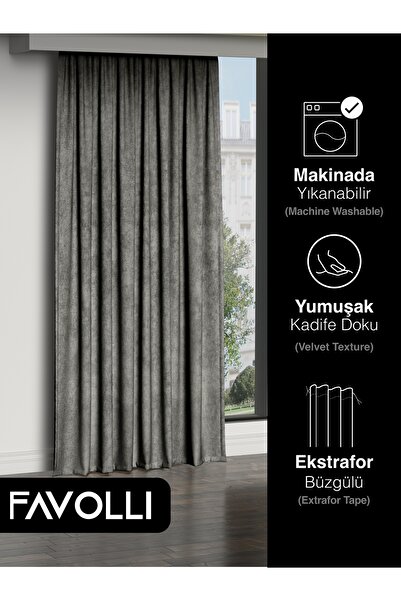 FAVOLLİ Kadife Dokulu Gri Ada Fon Perde Ekstrafor Büzgülü Dream Series