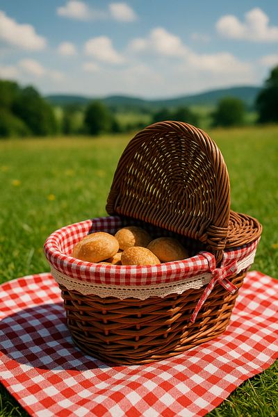 Mirilliahome Brown Lid Wicker Picnic Basket with Red Checkered Fabric Detail