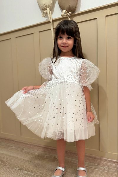 penu baby kids White Shiny Satin Above Starry Skirt Plain Tulle Above Starry Tulle Balloon Short Sleeve Girl's Dress