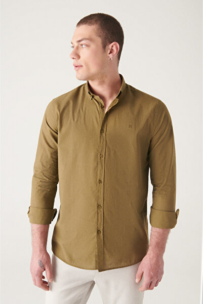 Avva Erkek Haki %100 Pamuk İnce Yumuşak Tuşe Düğmeli Yaka Gömlek E002206