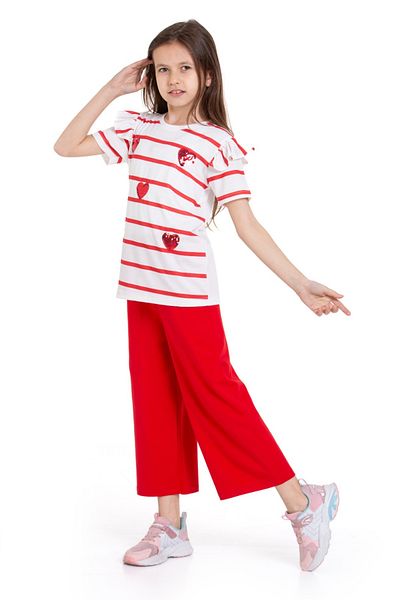 CiciTime Çocuk Modası Girl's Sleeve Ruffled Heart Embroidered Daily Comfortable Summer Suit