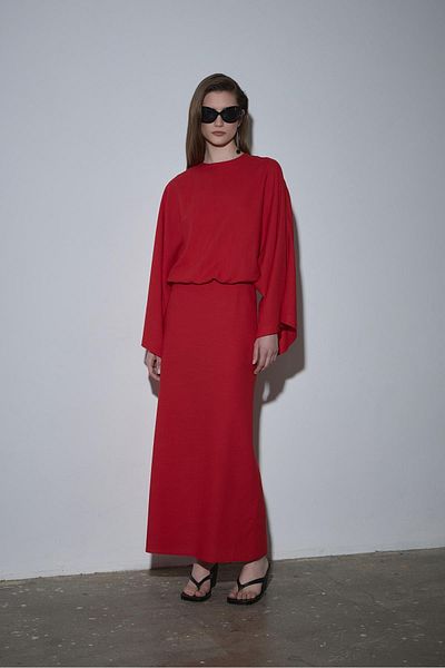 Suud Collection Red Jaylen Bat Sleeve Linen Blouse