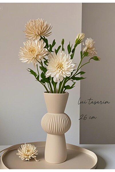 Lui Tasarım Krem Uzun Bohem Büyük Boy Seramik Nordic Tarz Şık Sade Iskandinav Tarzı Vazo Seramik 26cm