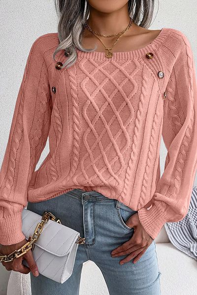 citystyle Women's Boat Neck Hair Knitted Patterned Button Detailed Powder Knitwear Sweater