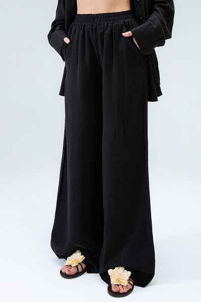 Tt Line Palazzo Trousers Women Regular Side Pockets Loose Wide Leg Elastic Waist Organic Black White