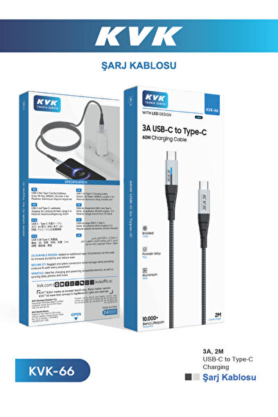 Çeşitli 3A USB-C TO TYPE-C 60W 2 METRE HASIR TASARIMLI IŞIKLI HIZLI ŞARJ KABLOSU