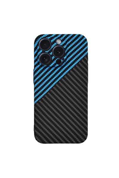 SKYDDAR INNOVATION Carcasă pentru iPhone 15 Pro, textură de carbon, Carbonite FiberShell, albastră, set de stickere