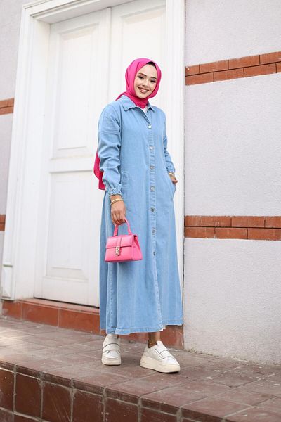 HARMAN BUTİK Women's Denim Jeans Trench Coat with Pockets and Buttons