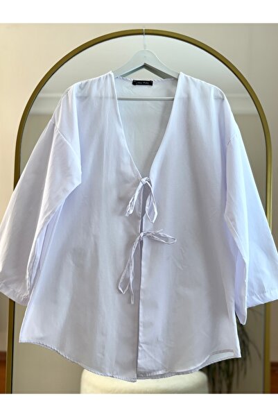 Bahar Altundemir Kadın Önü Bağlamalı Beyaz Kimono Poplin Tunik Gömlek Tesettü...