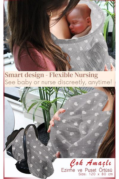 HALZEY غطاء الرضاعة من Underwire مصنوع من نسيج عضوي معتمد من Oeko-tex مقاس 80 × 100 سم مريلة للرضاعة الطبيعية 100% قطن رمادي