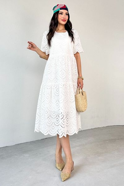Cappmoda Elb-01784 White Scallop Fabric Flounces Short Sleeve Summer Dress