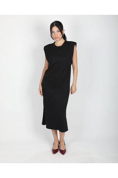 DEQ FASHION Black Modal Sleeveless Padded Midi Length Casual Loose Dress