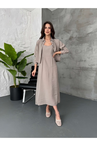 Elif Özbey Butik Vizon İp Askılı Elbise Gömlek Takım