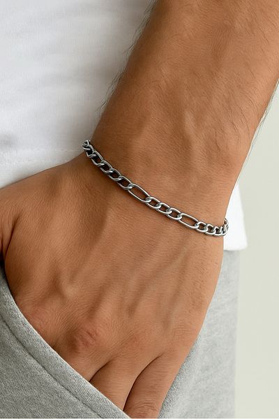The Collection Unisex Tarnish Resistant Figaro Chain Silver Steel Bracelet