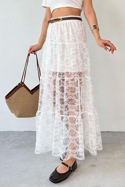 Cappmoda ETK-02336 Fusta de vară cu căptușeală albă, cu modele florale, din tul