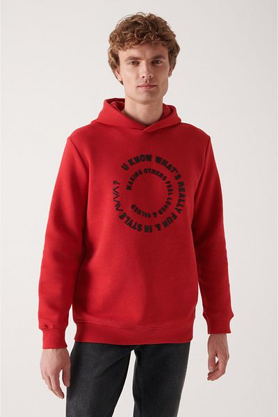 Avva Men's Red Hooded 3 Thread Raised Printed Sweatshirt A22Y1110