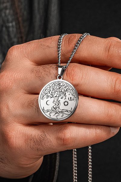 OSMANLI GÜMÜŞ Steel Vitae Silver Color Steel Tree of Life Men's Necklace Non Tarnish Gourmet Chain