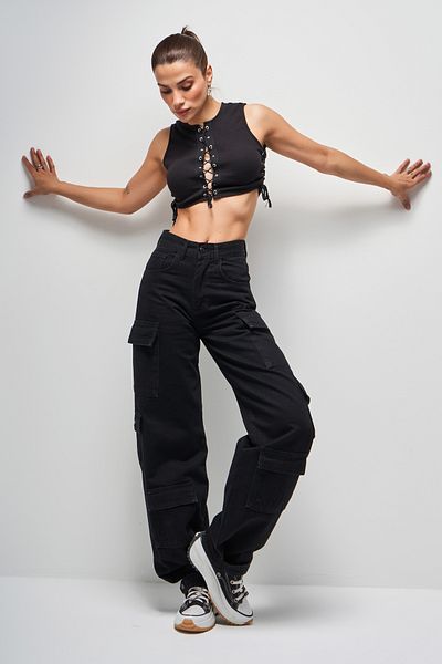its basic Women's Black Color 1S5-1 Jogger Fit Cargo Pocket Leg Snap Fastener 100% Cotton Denim Jean