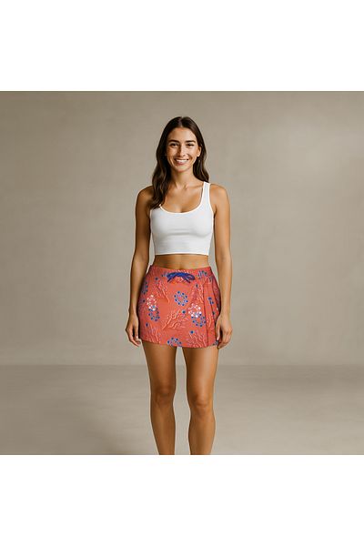 ANEMOSS Coral Women's Shorts Skirt – Elastic Waist, Lace-Up, Pink Patterned Summer Skort