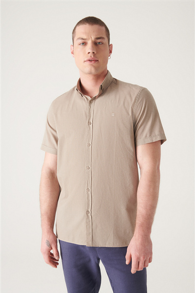 Avva Men's Mink Buttoned Collar 100% Cotton Thin Short Sleeve Shirt E 002210