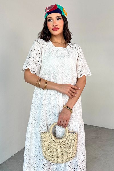 Cappmoda Elb-01784 White Scallop Fabric Flounces Short Sleeve Summer Dress