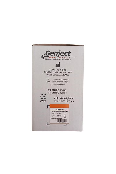 Genject - 2.5 مل 3P 25 جرام برتقالي 25 ملم حقنة للقاح - 250 قطعة