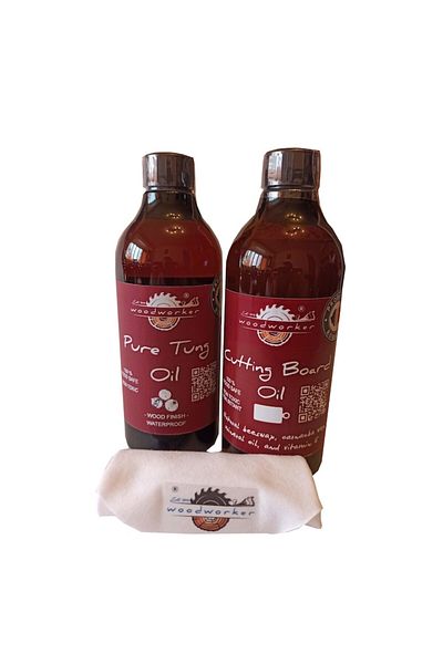 woodworker Pachet Intretinere Lemn, Dual Pack, Pure Tung Oil, Cutting Board Oil, Laveta Bumbac, 500ml/500ml