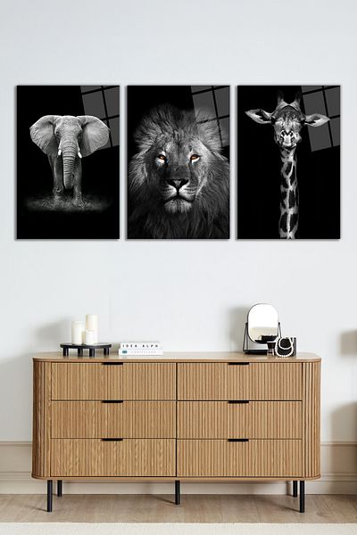 Rosyvien Elefant, Leu și Girafă Animal sălbatic Set 3 piese Pictură pe sticlă, Decor de perete pentru casă și birou, Cadou de lux