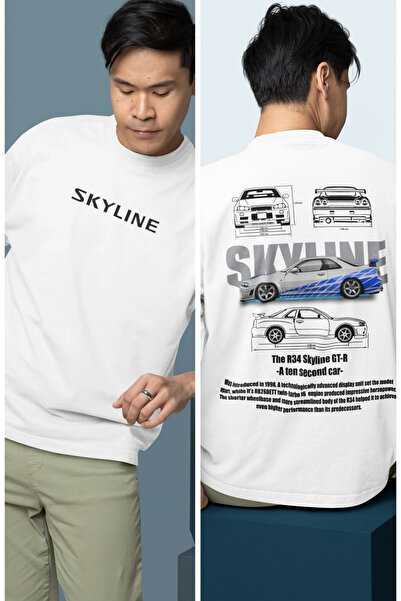 Fuddy Moda Tricou supradimensionat albastru GTR 34 Nissan Skyline cu imprimeu...