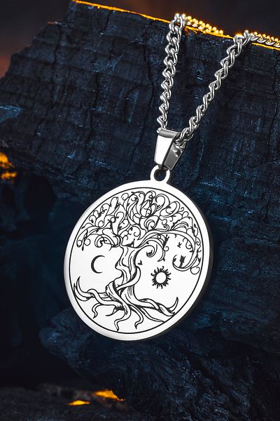 OSMANLI GÜMÜŞ Steel Vitae Silver Color Steel Tree of Life Men's Necklace Non Tarnish Gourmet Chain