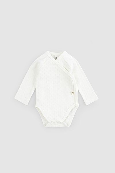 Little Gusto Ecru Double Breasted Bodysuit - Organic Cotton, Long Sleeve Pointel